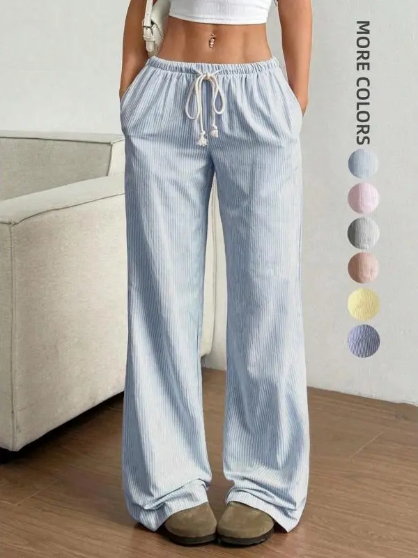 Women's Striped Woven Wide Leg Pants - Drawstring Waist, Minimalist, Loose Comfortable Fit, Sexy, Casual Basic Trousers, All Seasons Bottoms for Spring Summer Fashion Daily Wear, Baggy, Lady, Women's Fashion, Basic Chic, Clothes, Polyester, Drawstring Tie