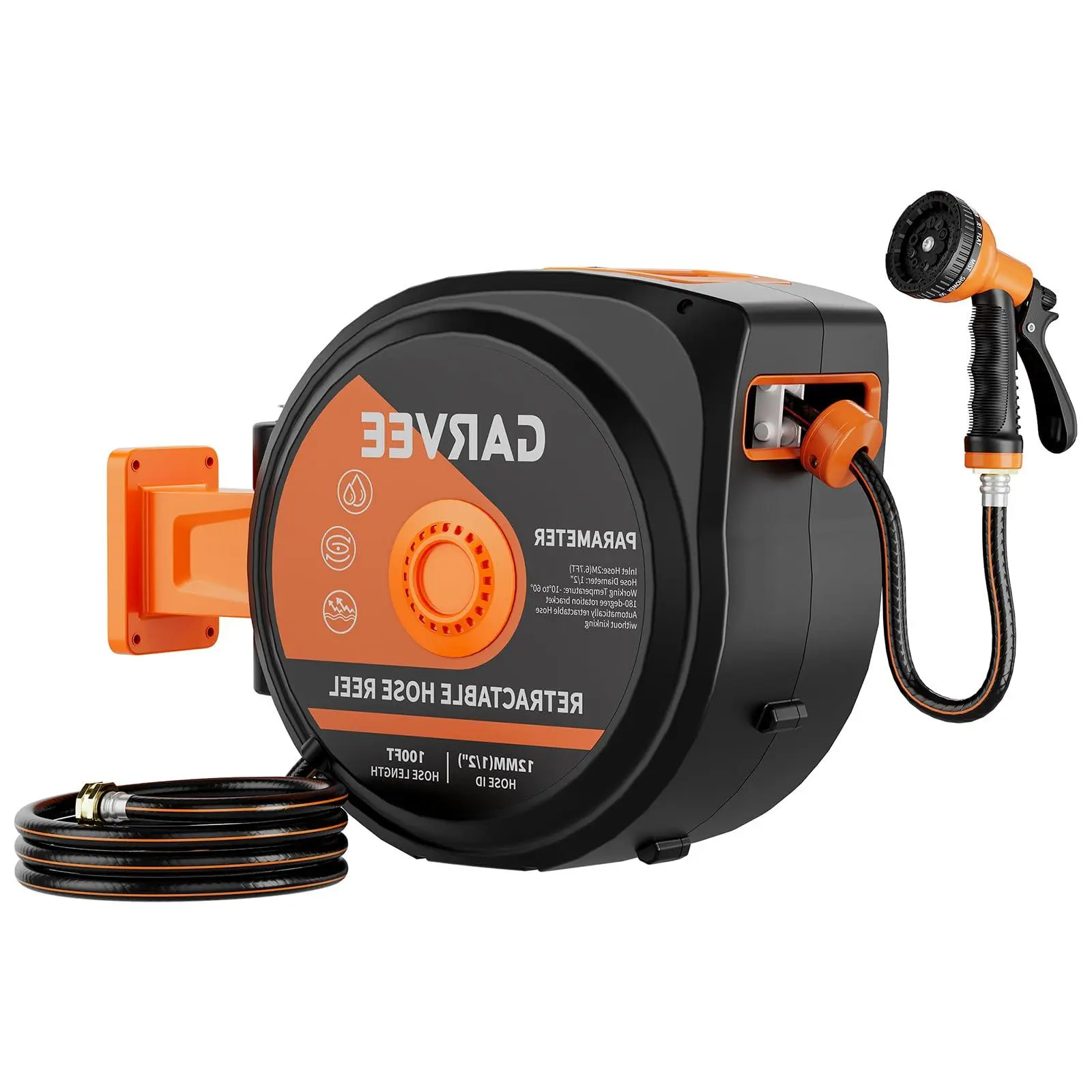 GARVEE Heavy Duty Retractable Garden Hose Reel, 1/2" x 100ft Wall Mounted with 10-Function Sprayer Nozzle & Automatic Rewind
