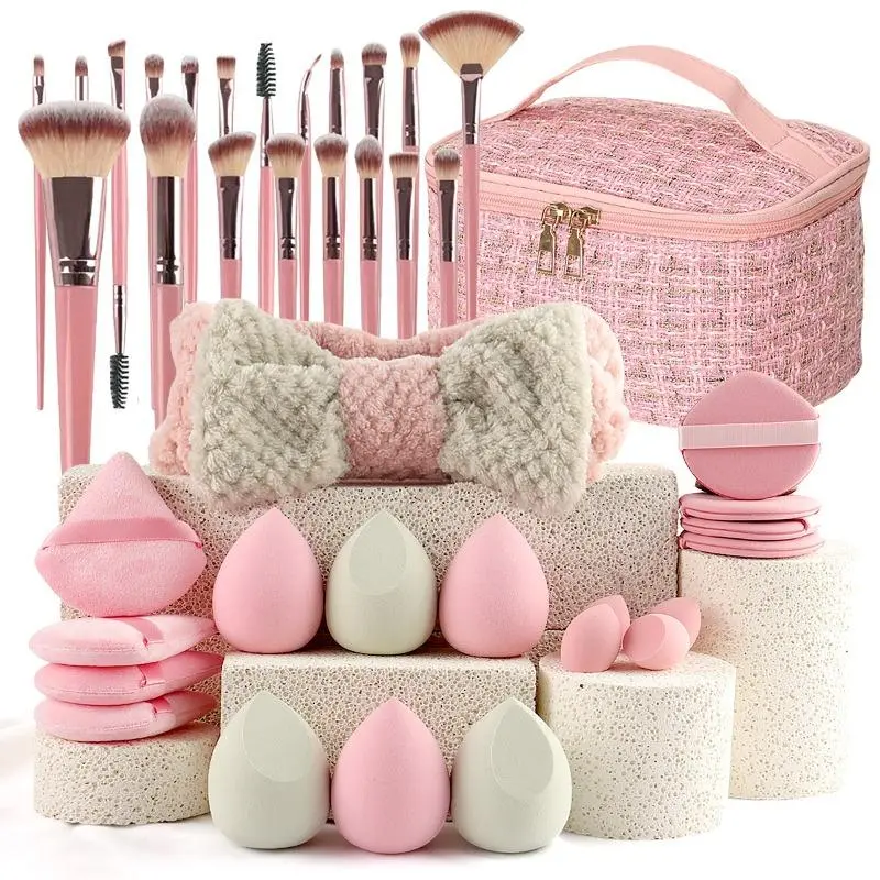 Pink-themed Beauty Tool Gift Set | Cosmetic Tools, Makeup Tools, Makeup Brushes, Beauty Sponge, Powder Puff, Storage Bag, Headband – Complete Set