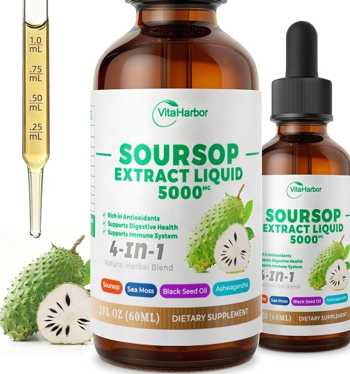 4-in-1 Soursop Bitters Liquid, Soursop Oil with Sea Moss & Black Seed Oil & Ashwagandha, for Immune & Digestive & Cell Support, Sugar-Free | Non-GMO | Vegan (2 Fl oz) Slightly Sweet Flavor