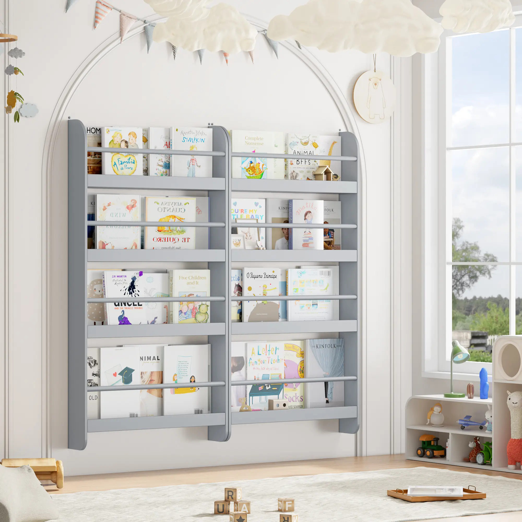FOTOSOK 2 Pcs Kids Bookshelf, Set of 2 Wall Mount 4-Tier Book Shelf Organizer for Toys and Books, Toy Storage Bookshelf for Kids in Bedroom Living Room