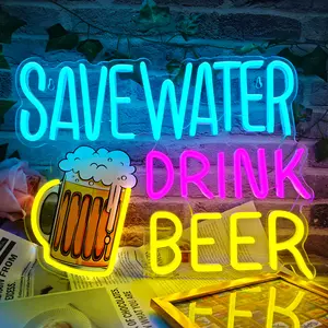 Save Water Drink Beer Neon Sign LED Beer Neon Lights for Wall Decor Dimmable Neon Bar Signs for Home Beer Bar Man Cave Pub Restaurant Bistro Club Party Decorations  Installation Accessories