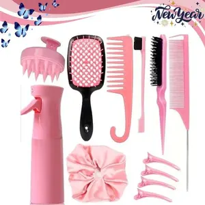 12PCS Hair Brush Set for Toddlers & Women – Detangling Brushes for Wet & Dry Hair, Curly Hair, Wide Tooth Combs, Edge Bristle Brushes, Rat Tail Combs with Spray Bottle for Baby Girls (Pink)