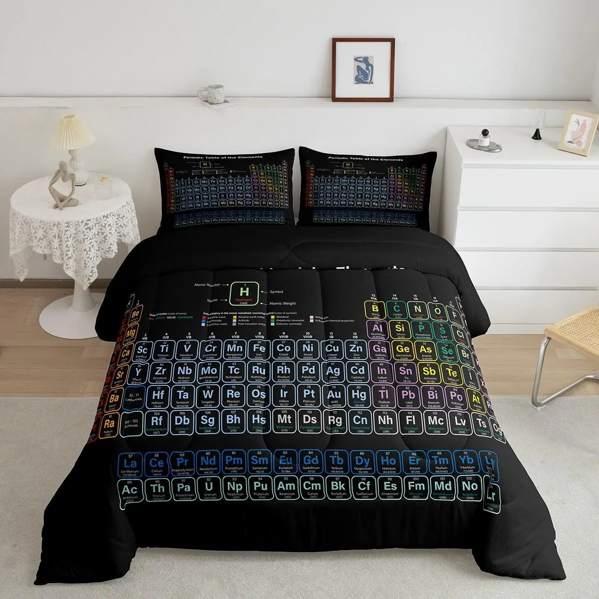 Feelyou Chemistry Theme Microfibre Duvet Set - Set Includes Duvet Cover, Element Print, All Seasons, Easy Care, Machine Washable, King/Queen/Multi-Size, Travel Ready, Black Bedroom Decor for Science Lovers, Cozy Setup, No Excess Maintenance Hassle, Comfy