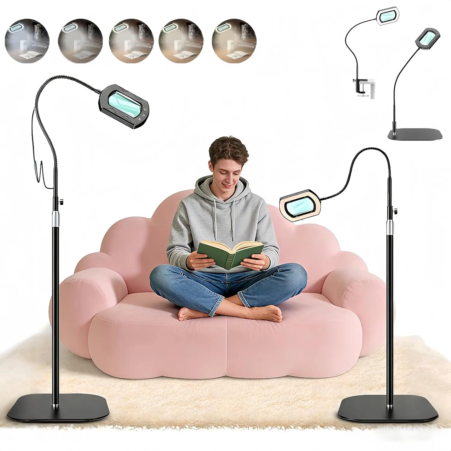 10X Large Square Magnifying Glass with Light and Stand/Clamp, 60 LED Lighted Magnifier, Hands Free 360° Rotatable Desk Lamp for Close Work Reading Craft Hobby Painting Sewing