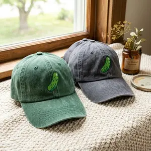 Washed Cotton Cap with Pickle Embroidery – Adjustable Strap Dad Hat