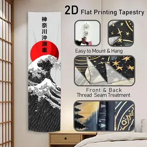 Black Ocean Waves Pattern Vertical Tapestry, Durable Decorative Tapestry, Great Wave Off Kanagawa Artwork, Traditional Japanese Ukiyo-e Style, Red Sun Background Wall Hanging for Bedroom, Living Room, Dorm & Home Decor