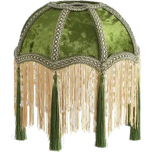xiaojuande-Lampshade with tassels, Premium Classic Victorian, Style Bell Shape Scallop velvet top replacement lamp,9.8“Width 11.3”height(olive green)