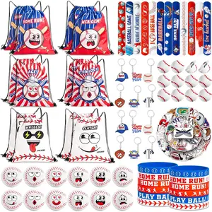 122 Pcs Baseball Party Favors for Kids - Themed Goodie Bag Set with 12 Funny Face Drawstring Bags & Stress Balls, Pull Back Cars, Wristbands, Slap Bracelets, Keychains, Stickers for Party Supplies
