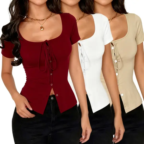 Women's 3-Pack Ribbed Knit Crop Shirts - Breathable Soft Casual Fitted Short-Sleeve Blouses with Adjustable Tie-Front Straps, Ruched Detail, Slit Design for Jeans Pairing, Cute Tops For Women, Stylish Women's Wear