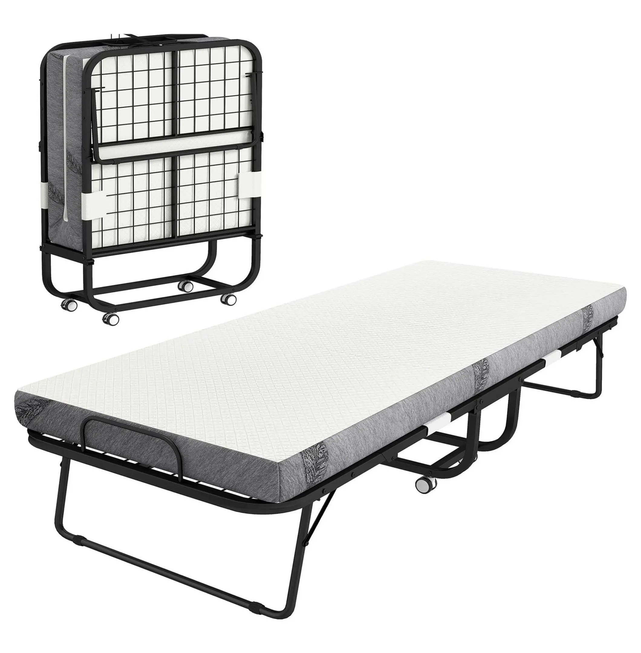 Twin Folding Bed with Mattress, Portable Rollaway Bed for Adults, 78.75x35.5, Steel Frame, Foldable Guest Bed, Space Saving Hideaway Cot, White Default Title