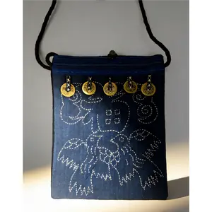Handmade Hmong Miao Sashiko Indigo Crossbody Bag with Copper Charms |     Authentic Ethnic Artisanal Purse