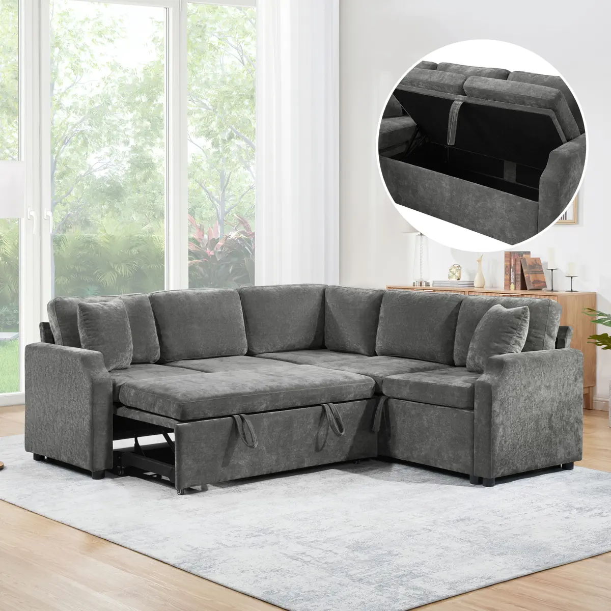 Sectional Sofa Bed L-shaped Sectional 81.9" Upholstered L-shaped Sofa with a Sofa Sleeper and a Hidden Storage Compartment for Living Room, Gray