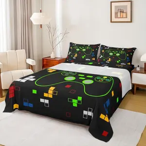 Miners Video Games Bed Sheets,Gamer Gamepad Bedding Set for Kids Boys Teens Room Decor,Neon Green Pixelated Geometric Fitted Sheet Black White Modern Top Flat Sheet