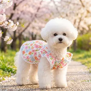 Princess-style floral dress for dogs, pink summer thin dress with full floral print and lace trim, breathable suspender dress for dogs Dog Dress for Summer