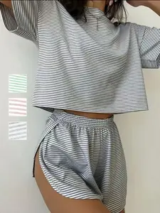 Women's Casual Home Wear Set, Striped Thin Crop Top & Short Pants, Loose Fit Bottoms, Comfortable Loose Fit, High Waist, Spring Fall Fashion