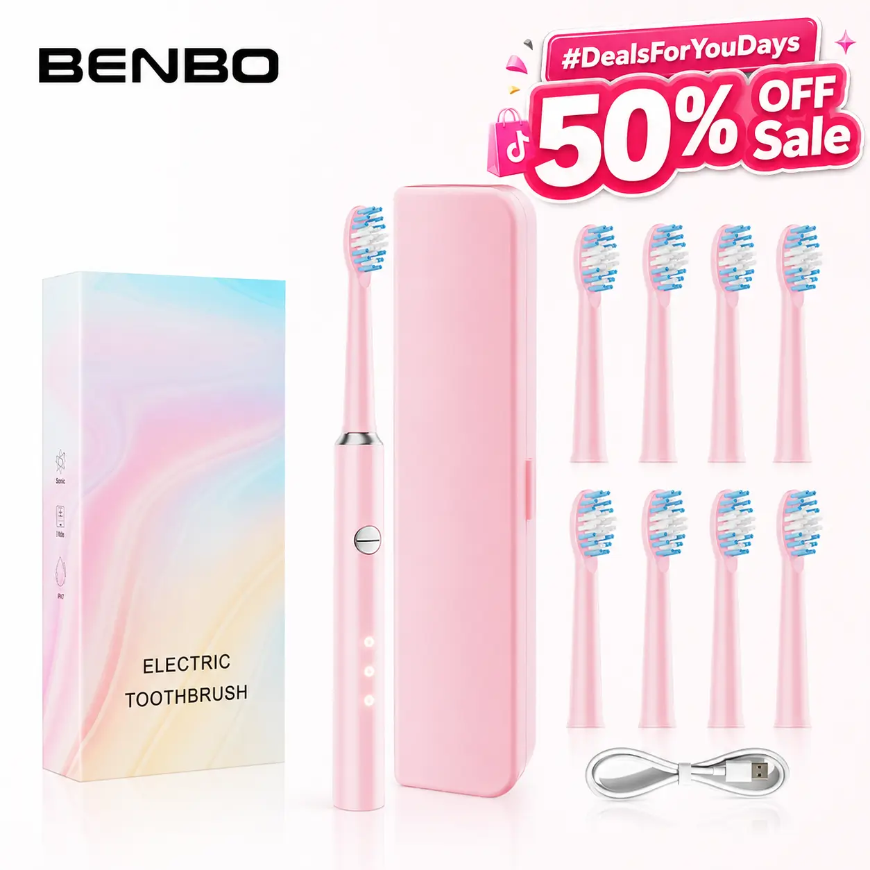 Rechargeable Electronic Toothbrushes for Adults, Long-Lasting 30-Day Battery Life, 8 DuPont Brush Heads, 3 Cleaning Modes, 3 Intensity Levels, IPX7 Waterproof, Travel Case, Pink Personal Care Electric Toothbrush