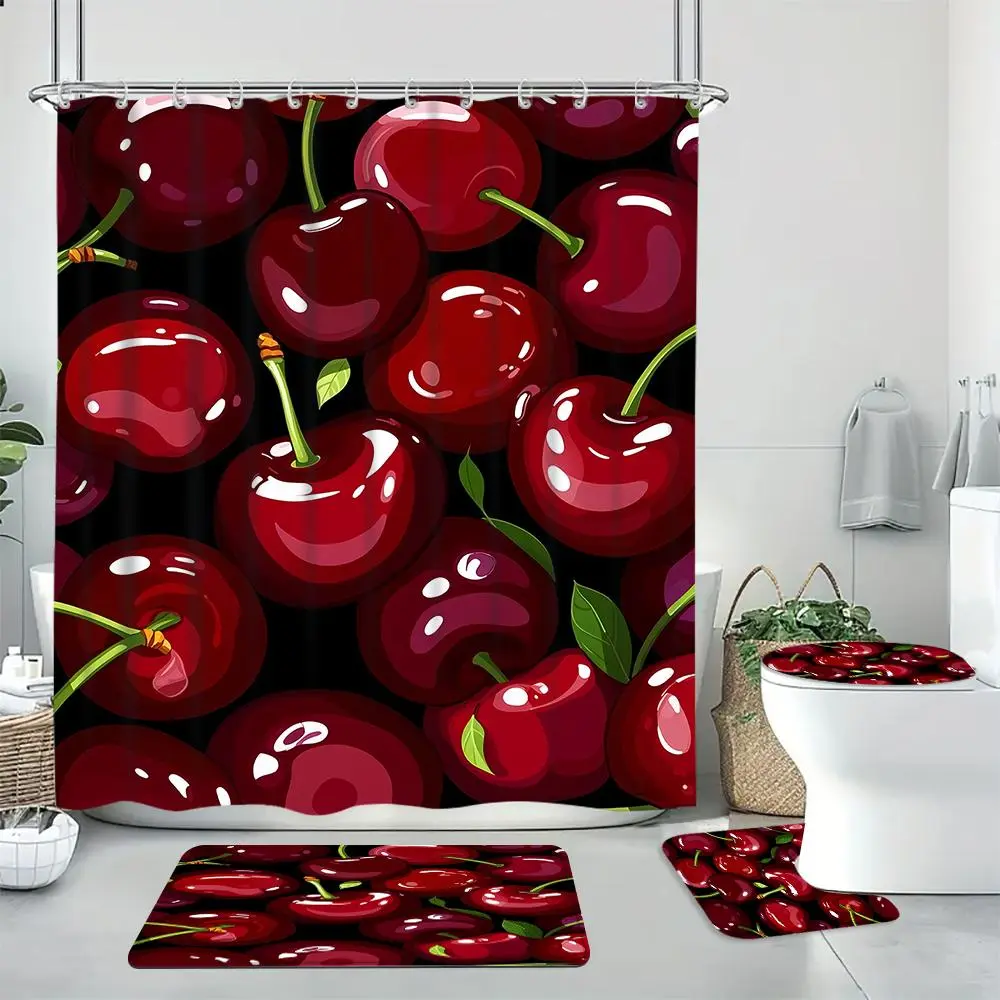 Cherry Pattern Aesthetic Bathroom Decor Set, 1 Set Including Shower Curtain & Toilet U-shape Mat & Bathroom Mat & Toilet Lid Cover, Bathroom Accessories, shower curtain sets, Home Goods, Bathroom Decoration Accessories