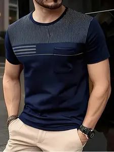 Men's Solid Iron-Free Patchwork T-Shirt, Summer Business Casual Versatile Short Sleeve, Pocketed Short Sleeve Top, Stylish and Comfortable