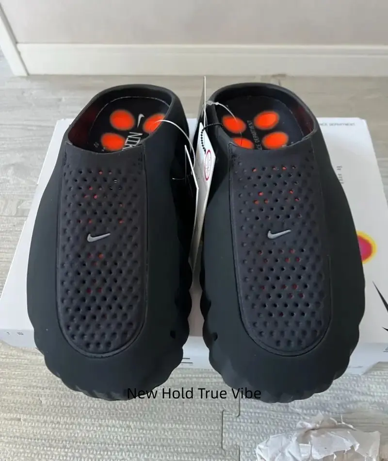 Black & orange two-tone edgy minimalist recovery foam slides, full vent quick-dry construction, textured anti-slip outsole, this bold dark pair is a summer street & beach wardrobe essential