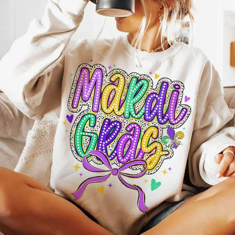 Mardi Gras Coquette Bow Shirt, Happy Mardi Gras Graphic Tee, Fleur De Lis Design Shirt, Dalmatian Dot Pattern Top, Hand Drawn Festive Shirt
