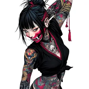 Cyberpunk Oni Tattoo Girl Vinyl Sticker, Dark Anime Demon Aesthetic with Neon Red Face Paint & Full-Body Ink, Perfect for Laptops, Water Bottles, and Helmets