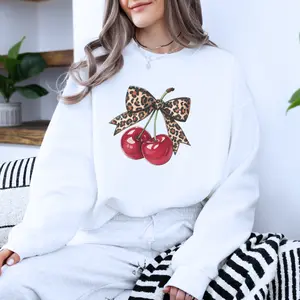 Leopard Bow with Cherries Sweatshirt Gildan, Retro Cherry Design Women's Crewneck, Cute Graphic Sweater Plus Sizes oversized