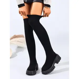 Women’s fashion slip-on over-the-knee boots, elastic fabric biker/motorcycle boots for fall and winter daily wear, warm winter boots