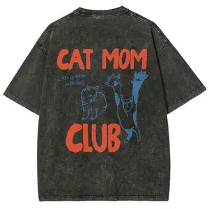 Cat Dad Club T-shirt, Unisex Casual Cotton Comfort Shirt, Vintage CrewNeck Acid Washed Oversized Drop Shoulder Heavyweight T-shirt, Baggy Workout Tops Short Sleeve Shirt**
