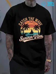 Men'S 180G 100% T-Shirt Featuring a Summer Vibes Wave Graphic. This Elegant And Humorous Black Shirt Is Made from Breathable Fabric, Has a Round Neck And Short Sleeves, Plus Size