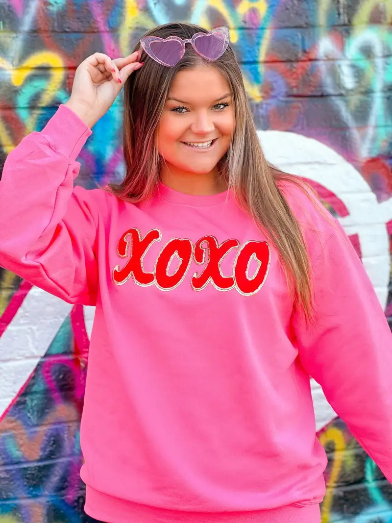 Bright Pink Sweatshirt w/ Red Chenille XOXO