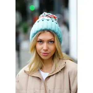 Teal Multicolor Cable Knit Pom-Pom Beanie