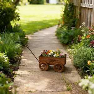 Outdoor Rusted Metal Wheelbarrow Planter with Wheels, Decorative Wrought Iron Plant Stand, Garden Flower Pot Holder for Patio Backyard Farmhouse Decor, Rustic Flower Pot, Outdoor Planters