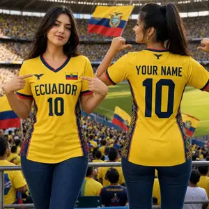 Ecuador V-neck Short Sleeve Jersey, Custom Name Number Soccer Jersey for Women, Support Football Team Outfit, Gifts for Soccer Fan