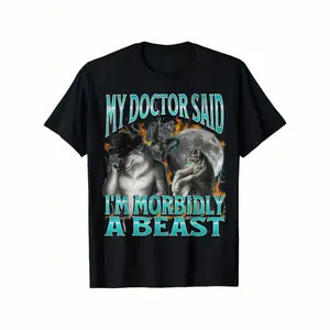 Funny Werewolf Meme T-Shirt - "My Doctor Said I'M Morbidly A Beast" - Men'S Horror Comedy Graphic Tee - Heavyweight Cotton Shirt - Perfect For Halloween, Werewolf Fans & Dark Humor Lovers, Halloween Clothes, Casual Wear, Sunset Design Shirt, Medium