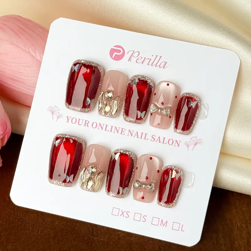Perilla QD1-QD12 Short Square Dark Color Cat Eye Handmade Press On Nails Rhinestone French Tips with Tool Kit