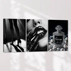 Black and White Glamorous Beauty and Style Canvas with Wooden Frame, 3 Counts Fashion Woman Decoration, Wall Art for Home Living Room Bedroom Office, Poster, Modern Home Decor