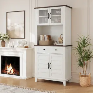 72 Inch Tall Freestanding Kitchen Pantry Cabinet, Modern Buffet Hutch with Glass & Wood Doors, Adjustable Shelves, Drawers & Open Storage, Large Capacity Storage for Dining Room & Kitchen, White & Brown