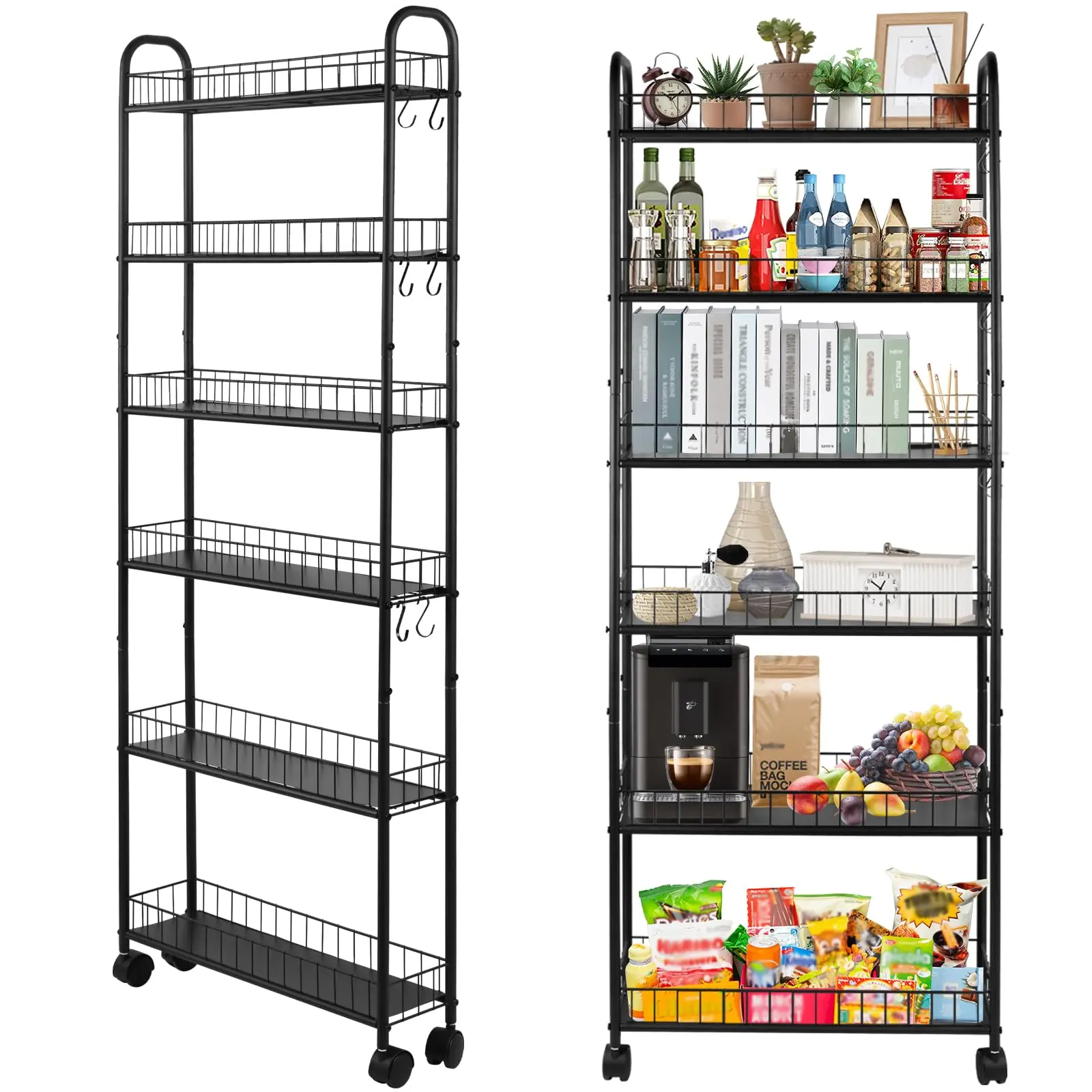 Durable 6-Tier 6-Inch Thin Rolling Storage Cart with Wheels, Slim Mobile Metal Organiser Shelving Unit for Kitchen Pantry, Bathroom