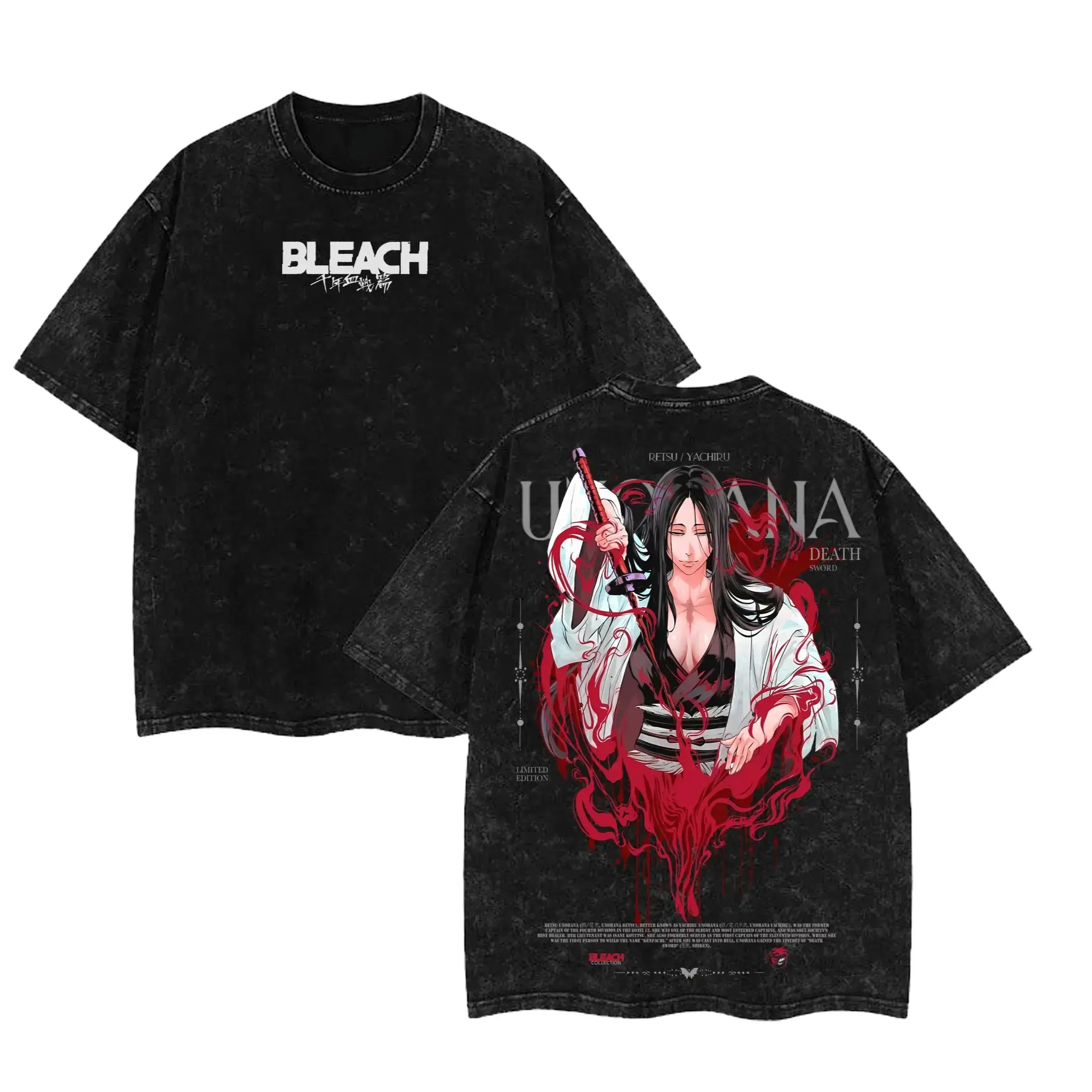 Men's Unohana Bleach Vintage Apparel - Washed Oversize Short-Sleeve T-Shirt, First Kenpachi Graphic, Soft Seamless Breathable Heavy Cotton Menswear Top