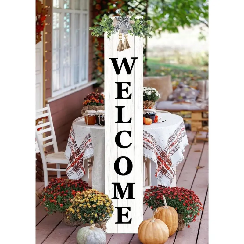 47"x8" Large Framed Vertical Rustic Farmhouse Decorative Outdoor Welcome Sign with Hook - Synthetic Hanging Wall Leaner, Smooth Home Supplies for Front Door, Front Porch (White)