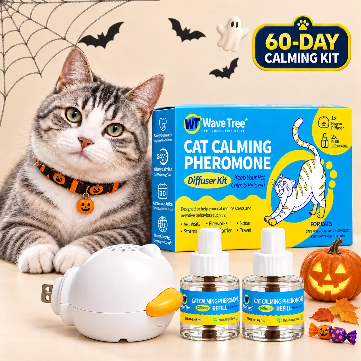 WaveTree Cat Calming Pheromone Diffuser Refill Kit (4-Pack, 120-Day Supply) - 48mL Odorless Non-Toxic Liquid, Drug-Free Stress Relief for Meowing, Pee Spraying, 6×2.3×3.7 in, Ideal for Apartments, Bedrooms, TikTokShopBackToSchool