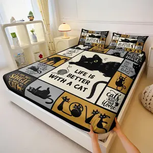 Fresh and Stylish Cat-Print Fitted Sheet Set 3-Piece Set Includes Two Blank Pillowcase. Multi-Color Patchwork Design Featuring Black Cats In Different Poses and Playful Slogans,Perfect Bedroom Bedding Soft, Comfortable Bedding Set Gift Comfy Bed Sets