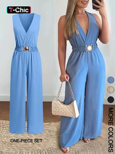 women's solid belted jumpsuit, casual sleeveless v neck loose jumpsuit for summer, women's clothes for daily wear, solid color jumpsuit, elastic waist jumpsuit