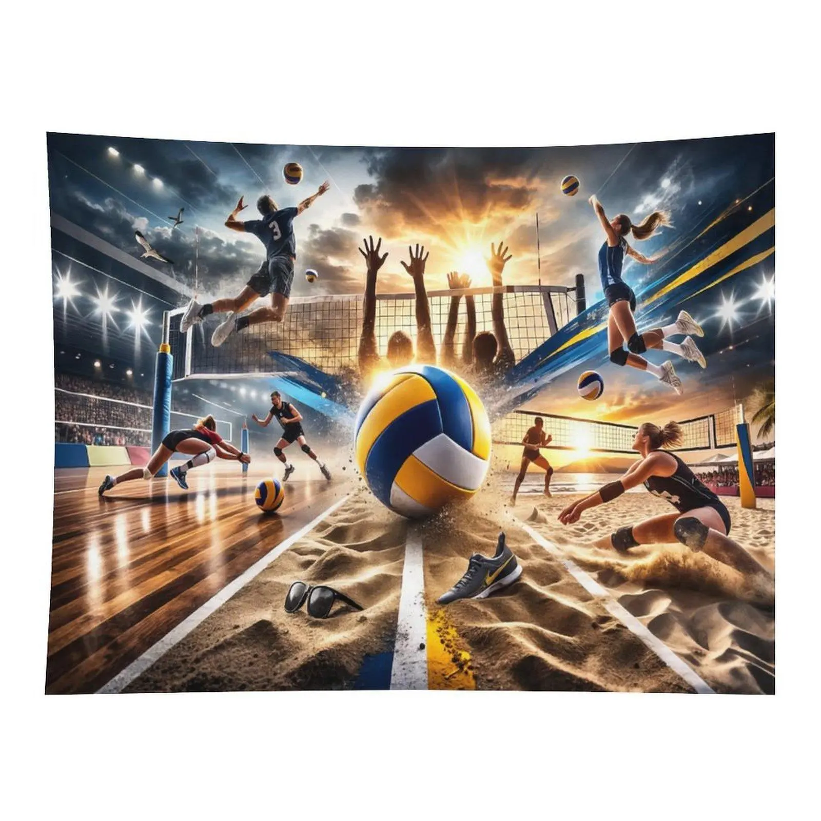 Indoor Beach Volleyball Mixed Sport Dynamic Sunset Player Collage Wall Tapestry Wall Hanging, Energetic Summer Sports Game Teen Boys Gym Bedroom Decor Backdrop