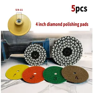 5 diamond polishing pads, each 100 millimeters in diameter, designed for use on marble, quartz, and granite. This four-step grinding and polishing kit is suitable for angle grinders. The pads are intended for dry grinding and polishing.sanding  pads