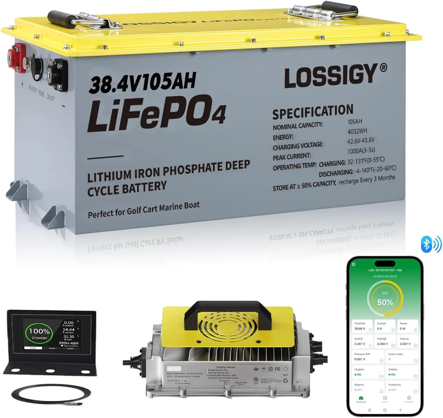 LOSSIGY 36V 105AH Lithium Golf Cart Battery Bluetooth LiFePO4 with 43.8V25A Smart Charger Peak Current 1000A Perfect for Golf Carts Trolling Motors Marine