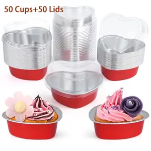 50 Pack Heart Shaped Aluminum Foil Cake Cups with Lids 100ml/3.4oz, Essential Bakeware, Baking Tools, Baking Accessories, Valentine's Day Dessert Baking Molds for Valentine's Day, Wedding, Christmas Gifts