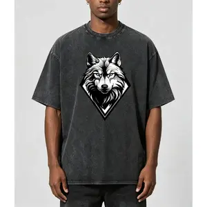 Unisex Diamond Framed Wolf Head T-Shirt, Vintage Washed Black Wildlife Graphic Tee, Retro Monochrome Animal Print Short Sleeve Crew Neck Casual T-Shirt