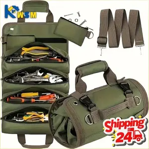 Foldable Tool Storage Bag Multiple Compartments Design with Adjustable Shoulder Strap for Auto Repair Electrician Hardware Tools